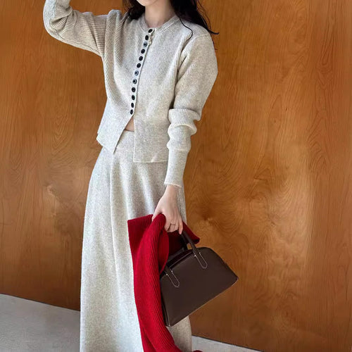 Button-Front Knit Cardigan & A-Line Maxi Skirt Set in Oatmeal — full-length view on model