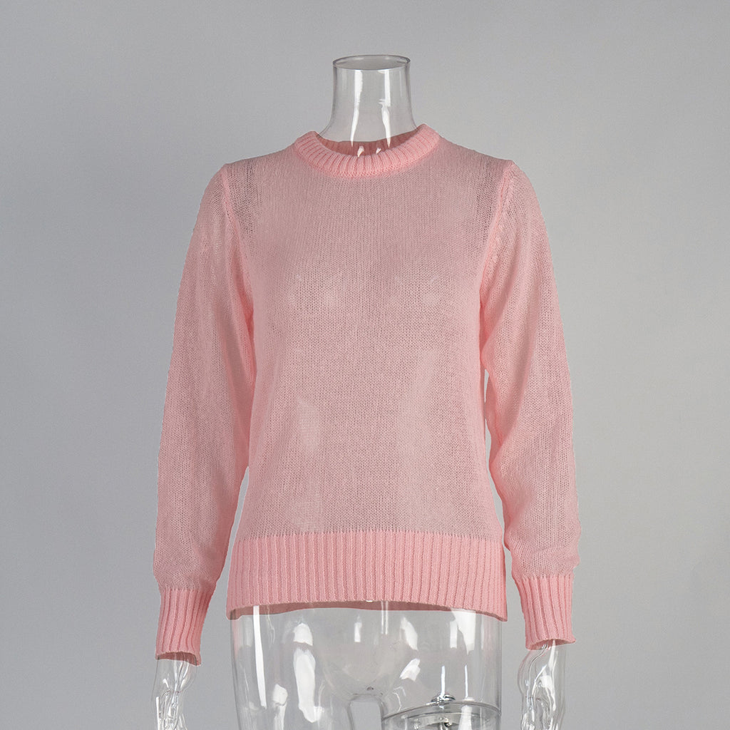 Soft Mohair-Blend Crew Neck Sweater in Light Pink — front view on mannequin