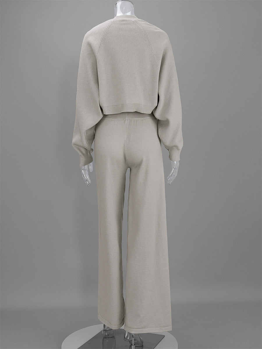 Three-Piece Knit Set: Cropped Tank, Balloon-Sleeve Shrug & Wide-Leg Pants in Taupe — set back view