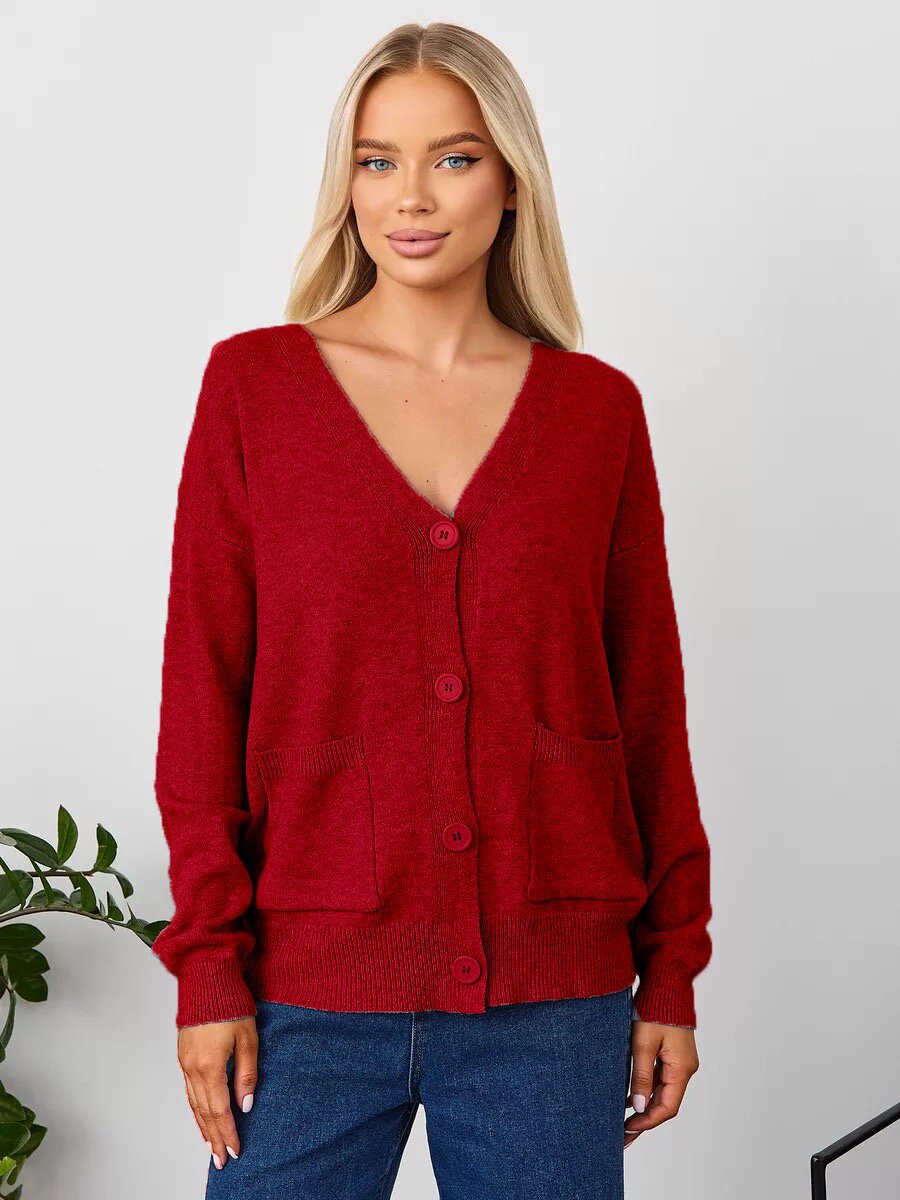 V-Neck Button Cardigan with Patch Pockets in Red — front view on model with jeans