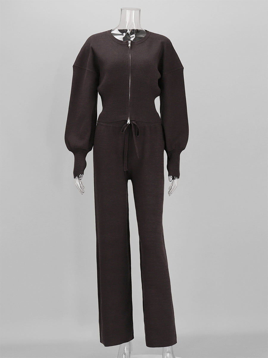 Zip-Front Balloon-Sleeve Knit Top & Drawstring Wide-Leg Pants Set in Chocolate — set front view