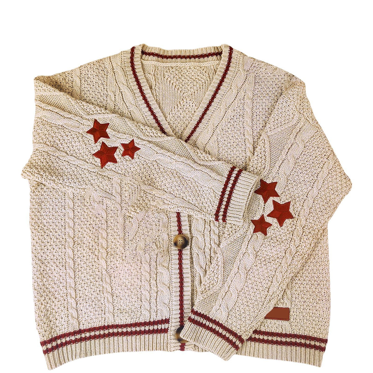 Star-Elbow Cable Knit Cardigan in Ivory with Red Trim — flat view with star elbow details