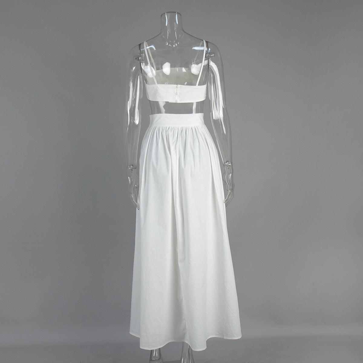 Cotton Crop Camisole & Gathered Maxi Skirt Set in White — back view on mannequin