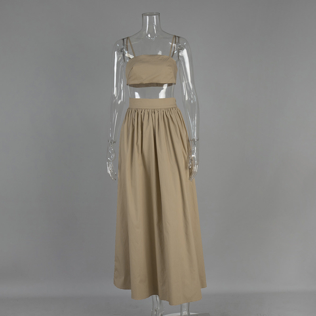 Cotton Crop Camisole & Gathered Maxi Skirt Set in Khaki — front view on mannequin