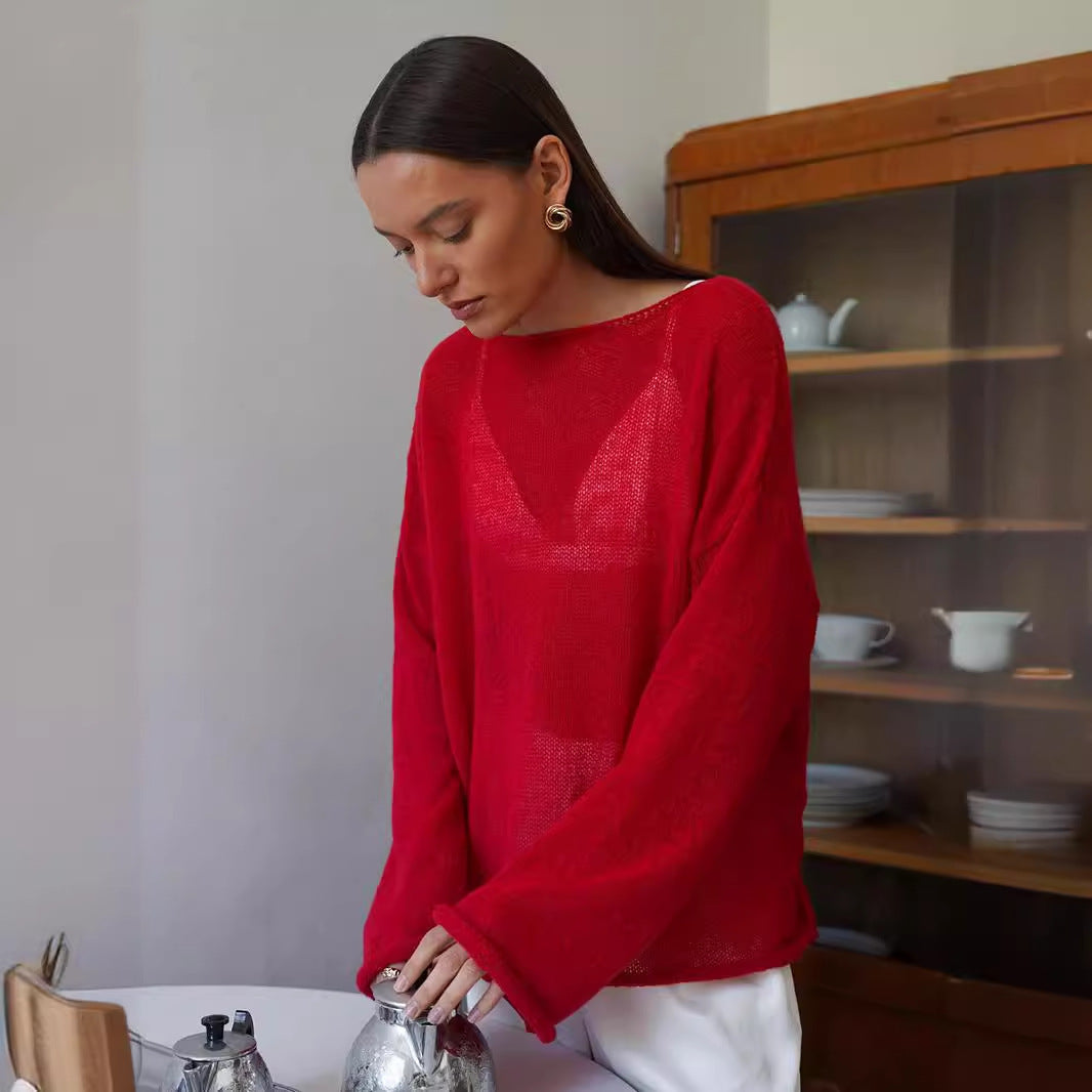 Sheer Open-Knit Bell Sleeve Sweater in Red — on model, looking down