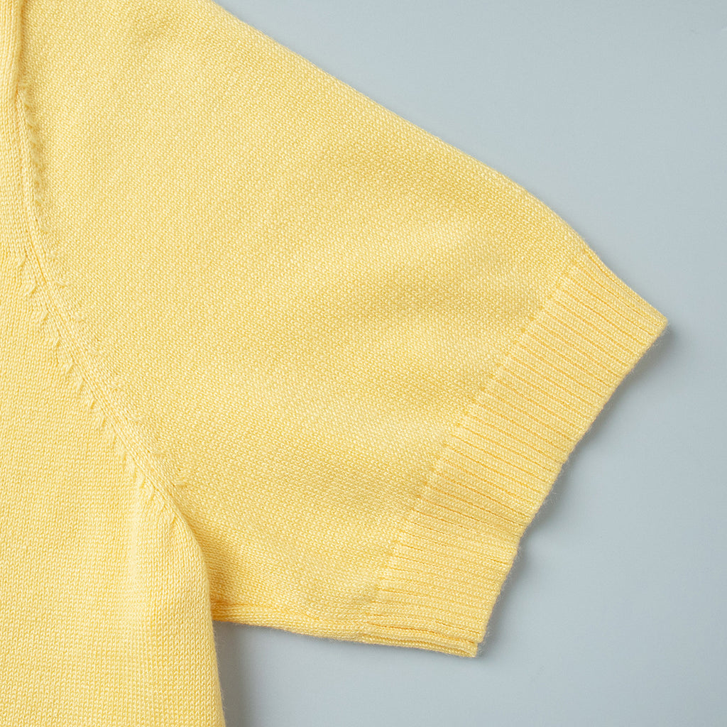 Short Sleeve Knit Top & Maxi Skirt Set in Butter Yellow — close-up of the short sleeve