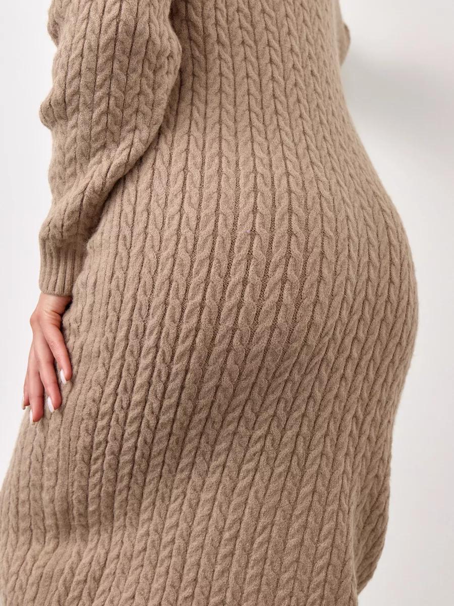 Turtleneck Cable-Knit Midi Sweater Dress in Camel — close-up of the cable knit