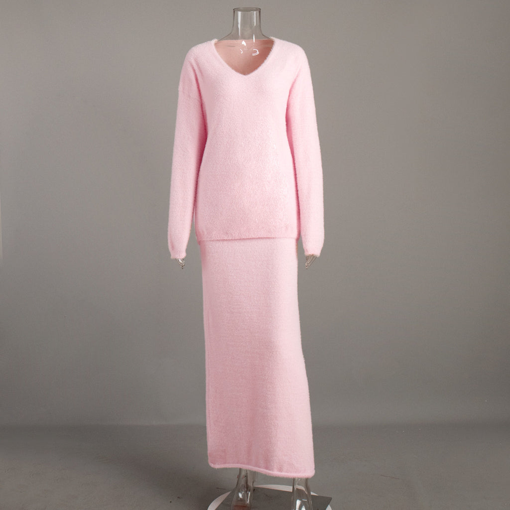 Soft Fuzzy V-Neck Sweater & Knit Maxi Skirt Set in Blush Pink — set front view