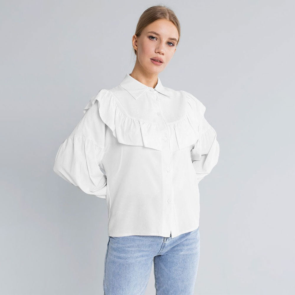 Cotton Ruffle Collar Button-Down Blouse in White — three-quarter view on model