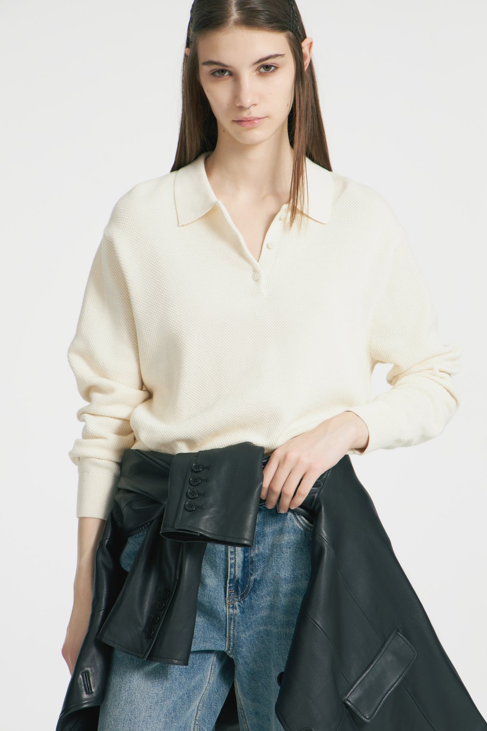 Relaxed Polo Collar Knit Sweater in Ivory — front view on model