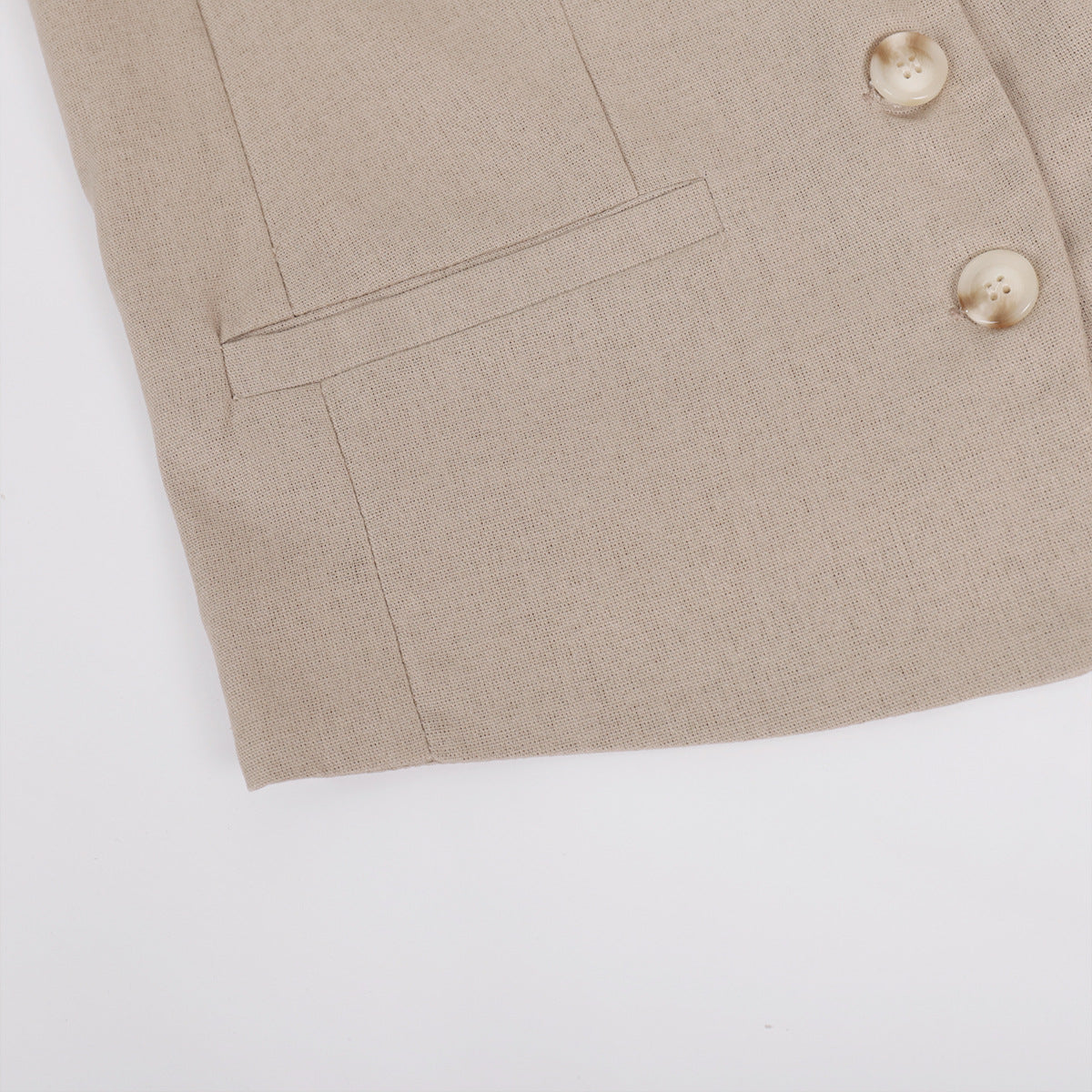Linen-Blend Vest & Wide-Leg Pants Set in Khaki — close-up of side pocket