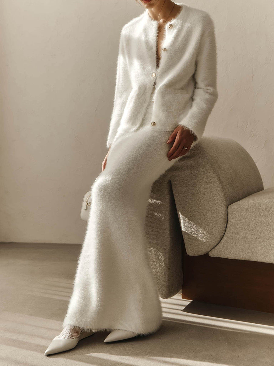 Fuzzy Knit Button Cardigan & Maxi Skirt Set in Winter White — set worn on model, full length