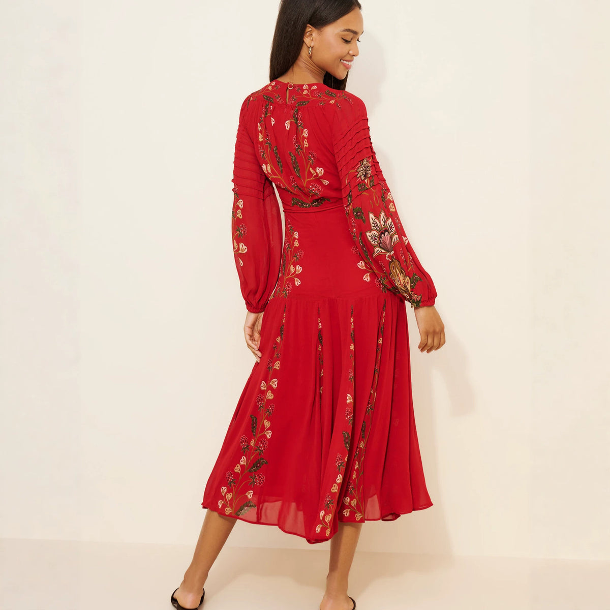 Floral Print Keyhole Midi Dress with Balloon Sleeves in Red — side view on model
