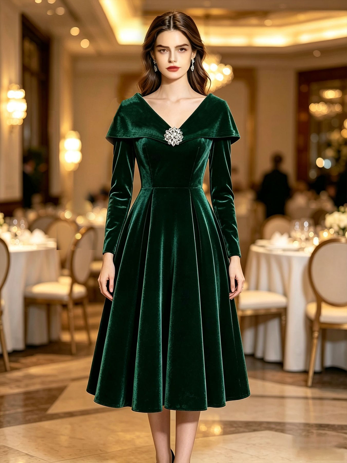 Velvet Midi Dress with Portrait Collar and Rhinestone Brooch in Emerald — front view on model