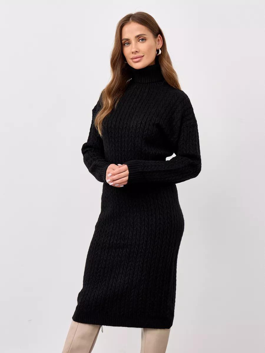 Turtleneck Cable-Knit Midi Sweater Dress in Black — front view on model