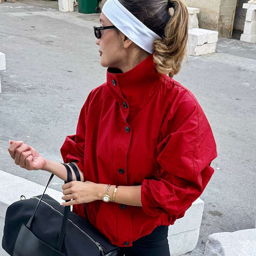 Button-Placket Stand-Collar Jacket with Elastic Cuffs in Red — side view on model
