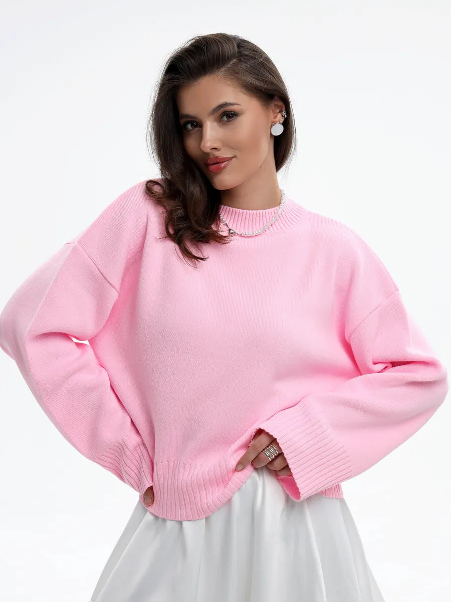 Relaxed Crew Neck Sweater with Split Cuffs in Pink — front view on model or garment