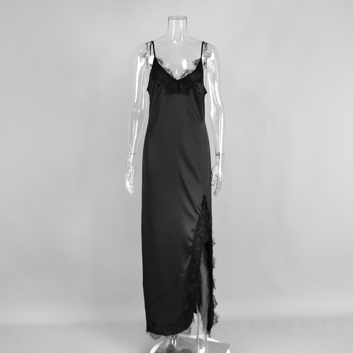 Lace-Trim Satin Maxi Slip Dress in Black — front view on mannequin