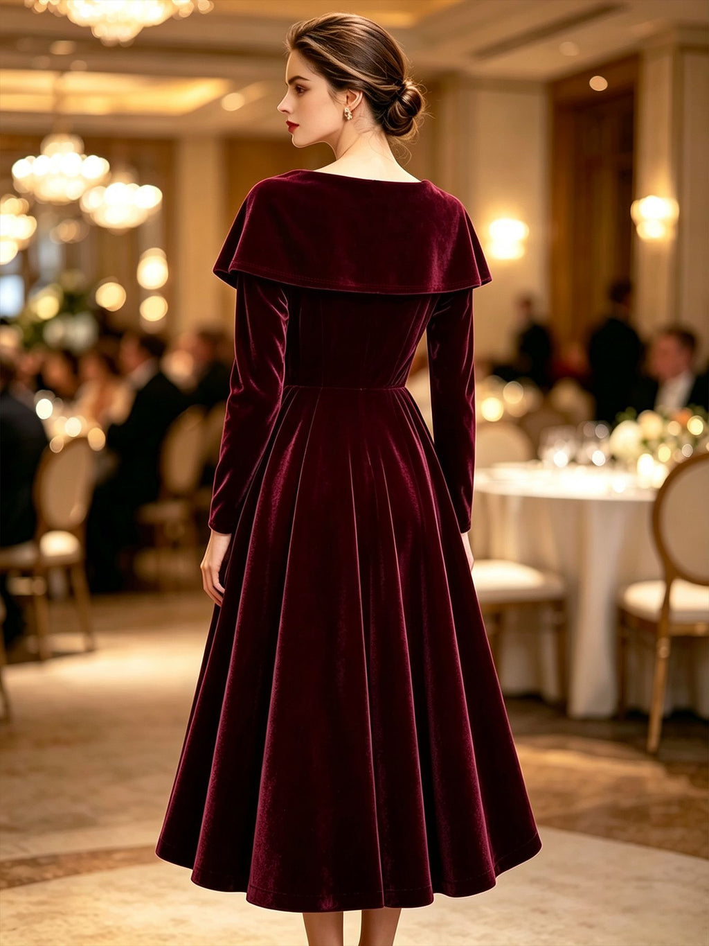Velvet Midi Dress with Portrait Collar and Rhinestone Brooch in Wine — back view on model
