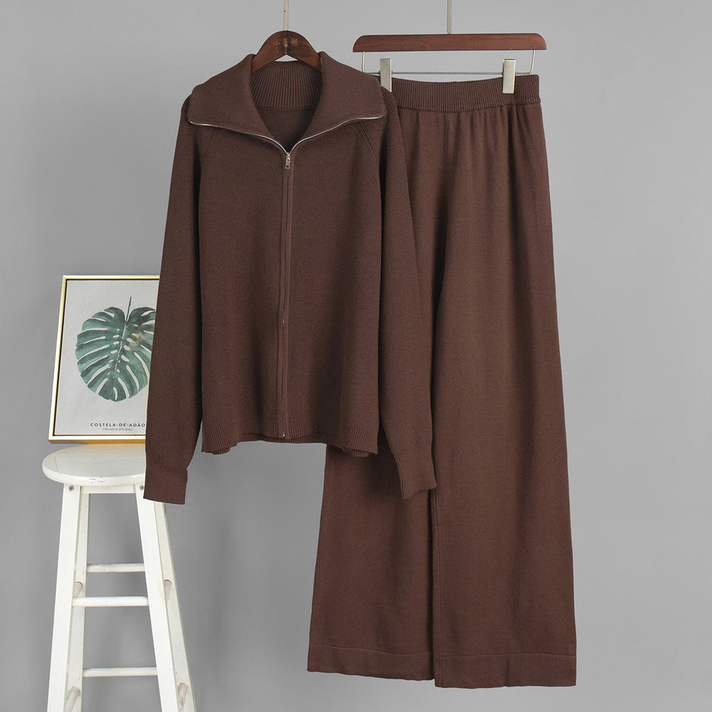 Wide-Collar Zip-Up Knit Cardigan & Wide-Leg Pants Set in Chocolate — set on hanger