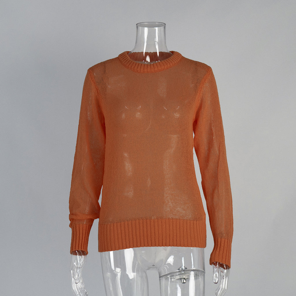Soft Mohair-Blend Crew Neck Sweater in Terracotta — front view on mannequin