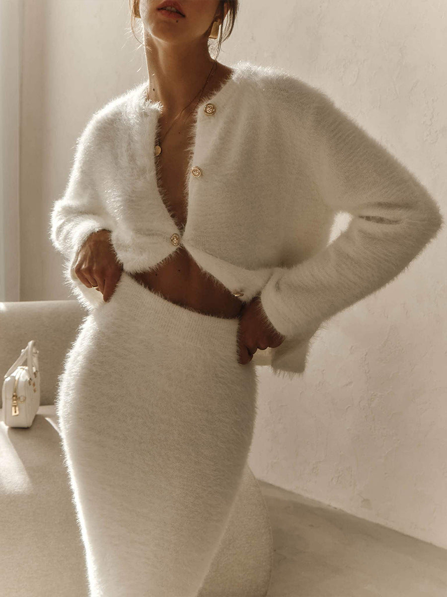 Fuzzy Knit Button Cardigan & Maxi Skirt Set in Winter White — cardigan worn partly unbuttoned