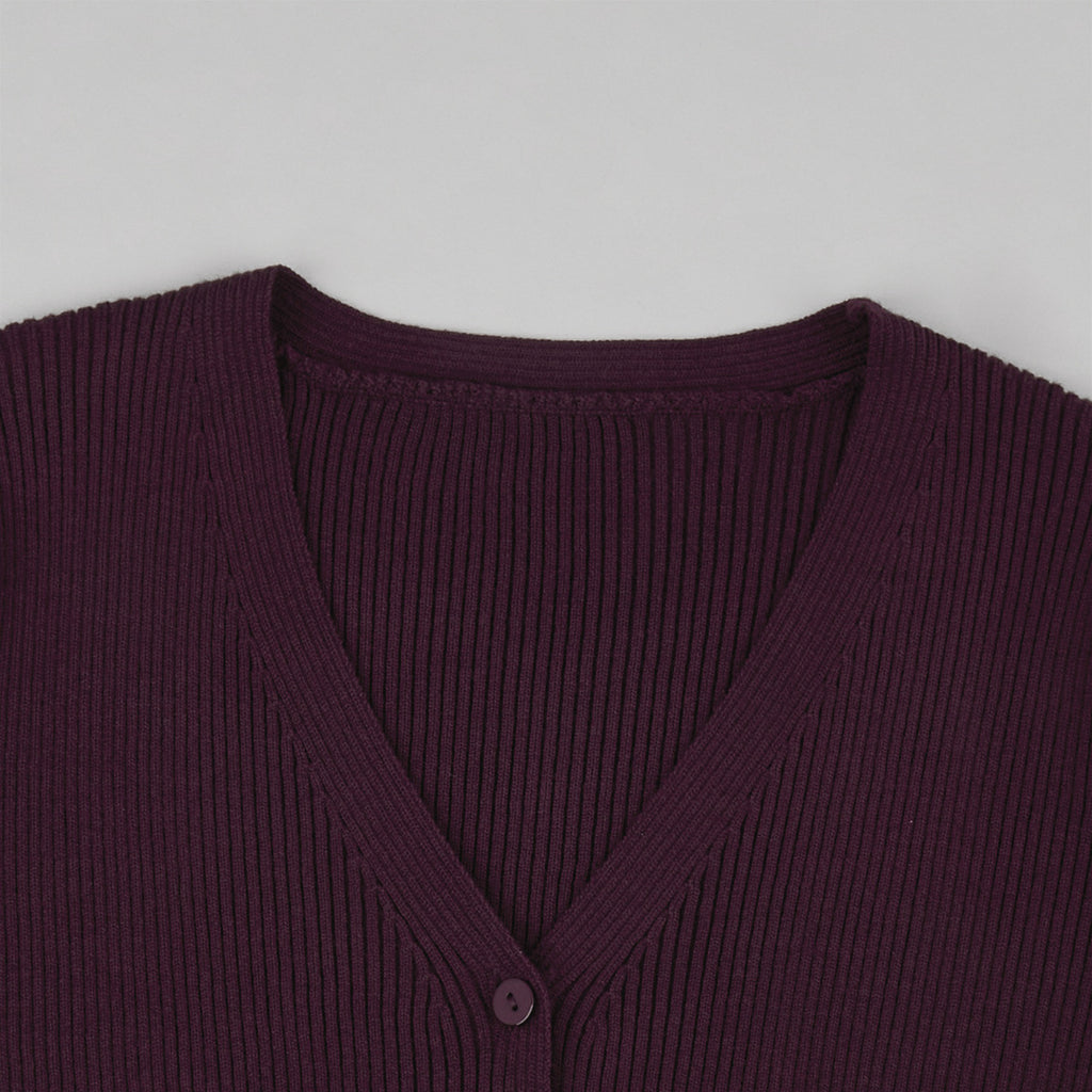 Ribbed V-Neck Button Cardigan & Fitted Knit Maxi Skirt Set in Plum — close-up of the V-neck
