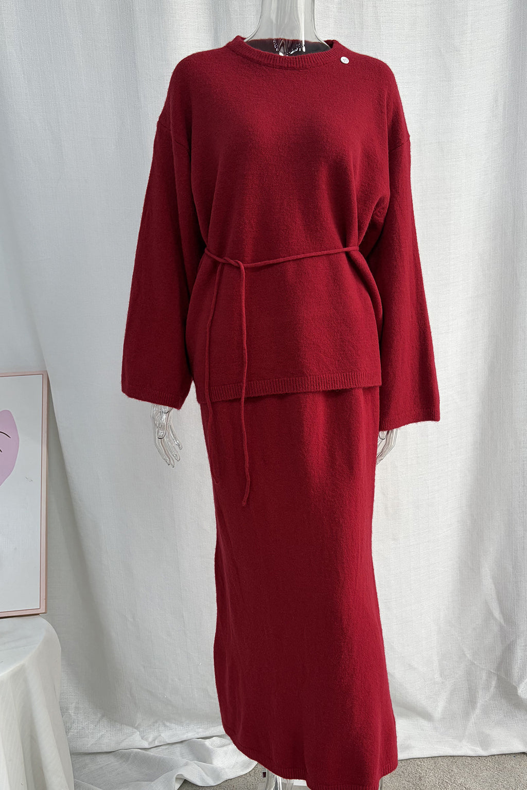Relaxed Knit Sweater & Maxi Skirt Set with Tie Belt in Cherry Red — set on a form