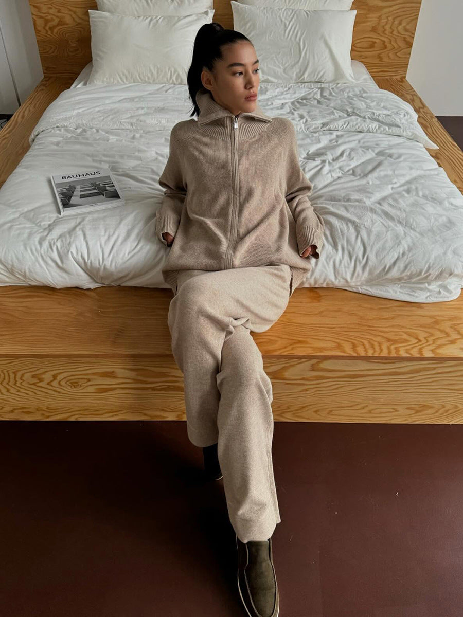 Wide-Collar Zip-Up Knit Cardigan & Wide-Leg Pants Set in Oat — seated view on model