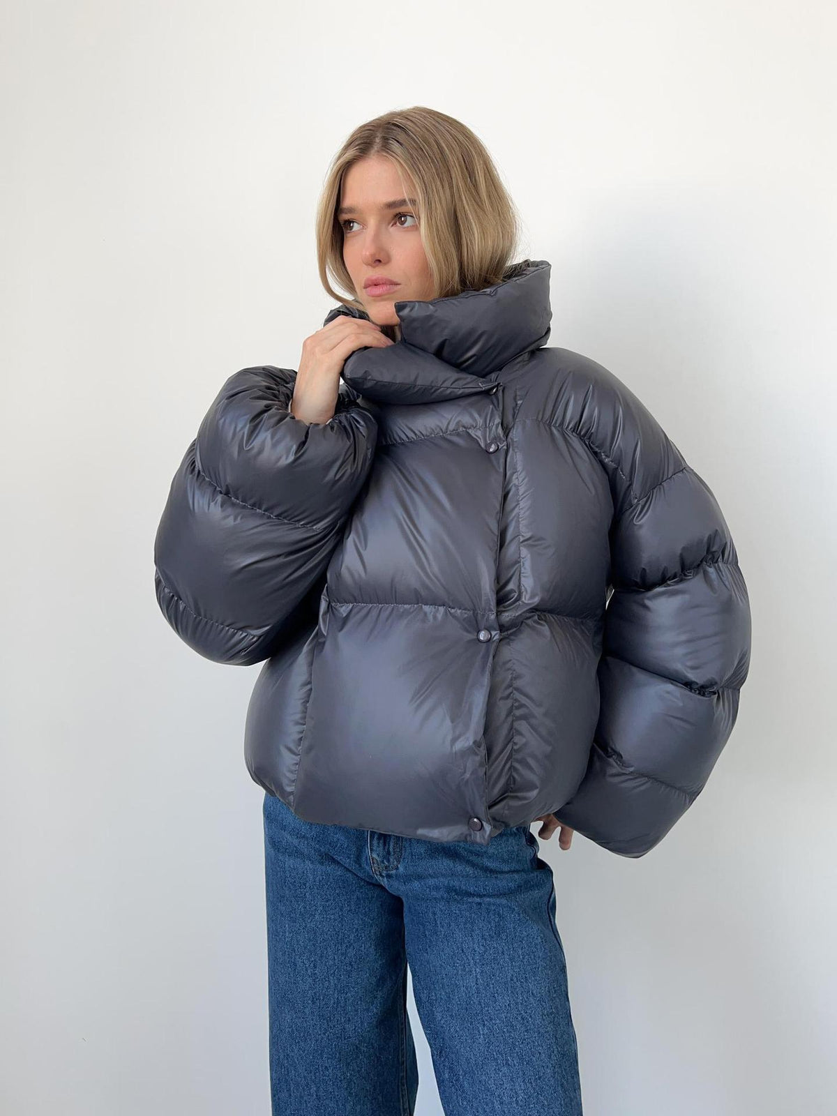 Cropped Hooded Puffer Jacket with Drawstring Hem in Slate Gray — front view on model