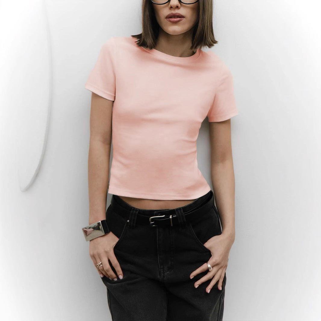 Slim Ribbed Short Sleeve Baby Tee in Apricot — front view on model