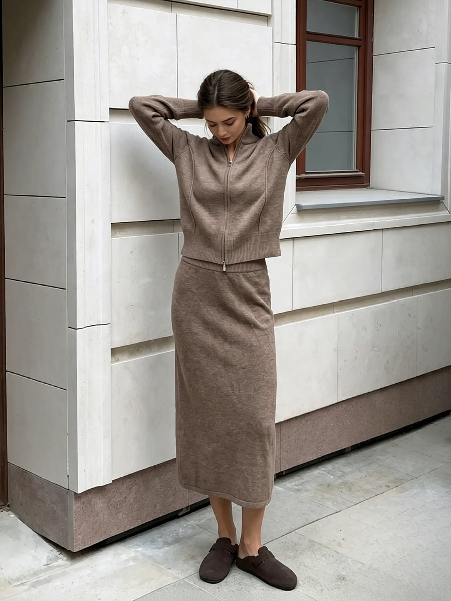 Stand Collar Zip-Up Knit Cardigan & Midi Skirt Set in Camel — full-length view on model