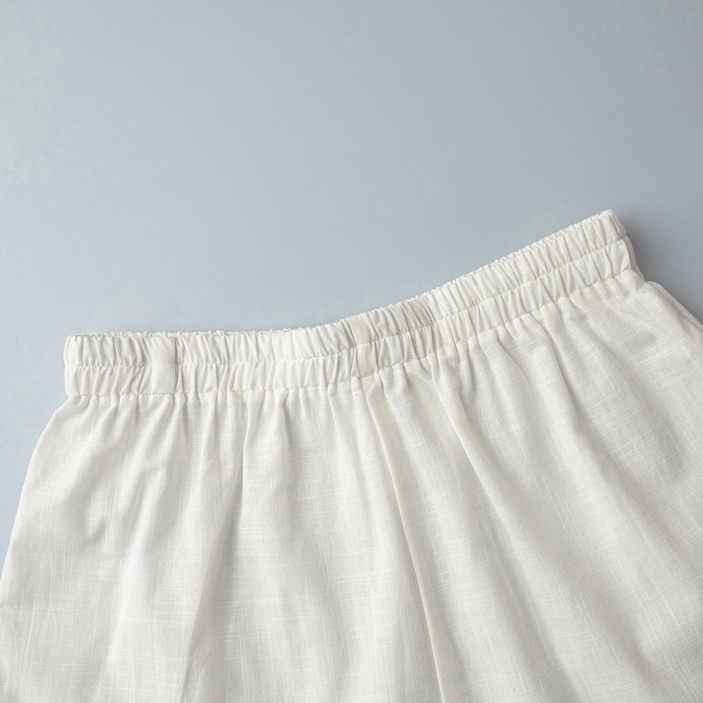Cotton Tie-Front Top & Ruffle Shorts Set in White — close-up of the elastic waistband