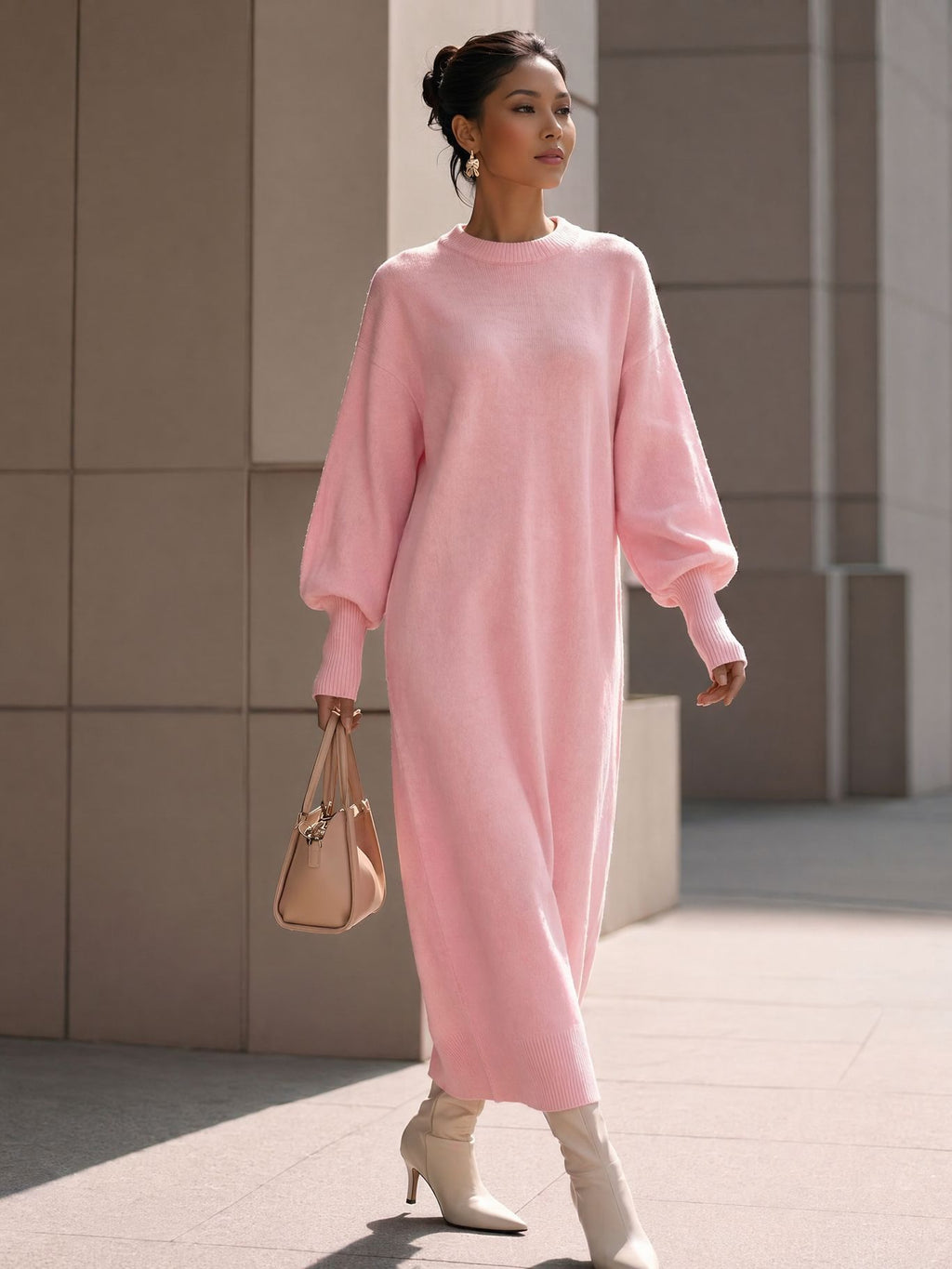 Balloon-Sleeve Knit Maxi Sweater Dress in Pink — on model