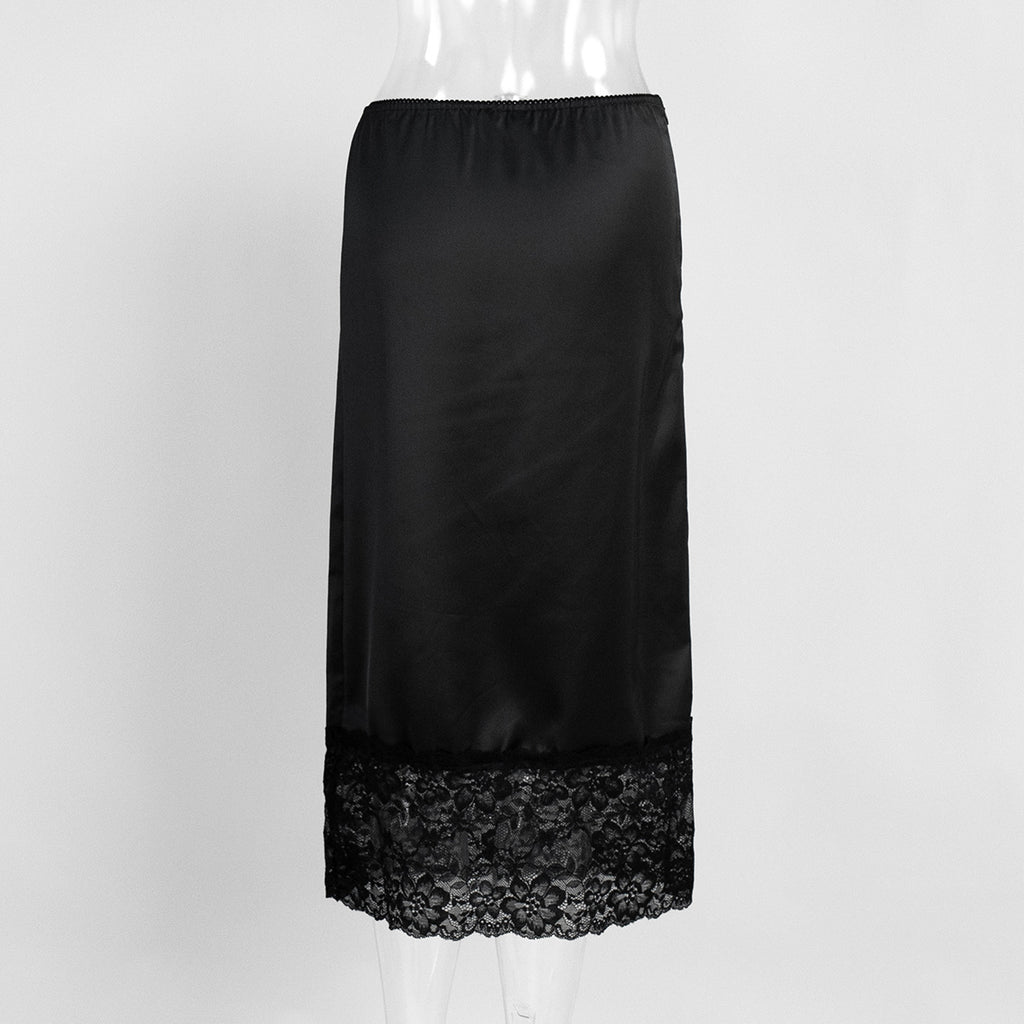 Satin Midi Skirt with Lace Hem in Black — back view on mannequin