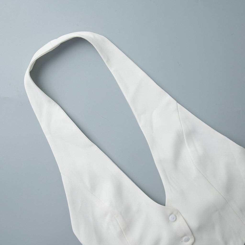 Open-Back Halter Crop Vest in White — close-up of the halter neck