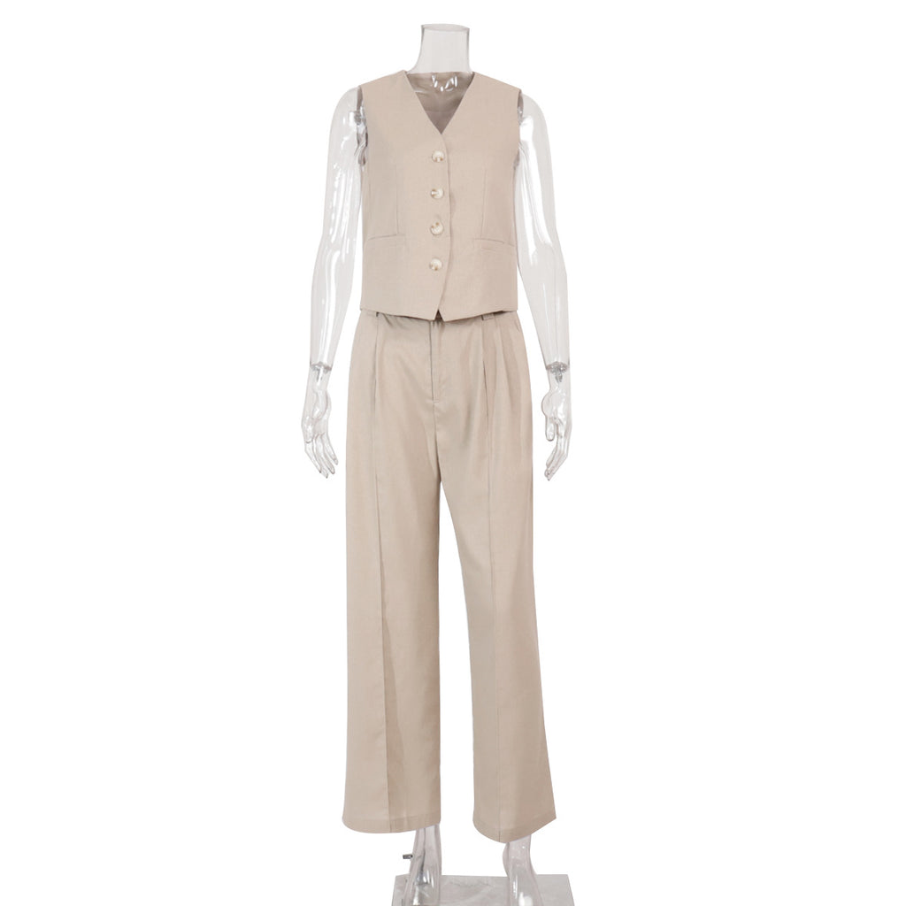 Linen-Blend Vest & Wide-Leg Pants Set in Khaki — front view on mannequin