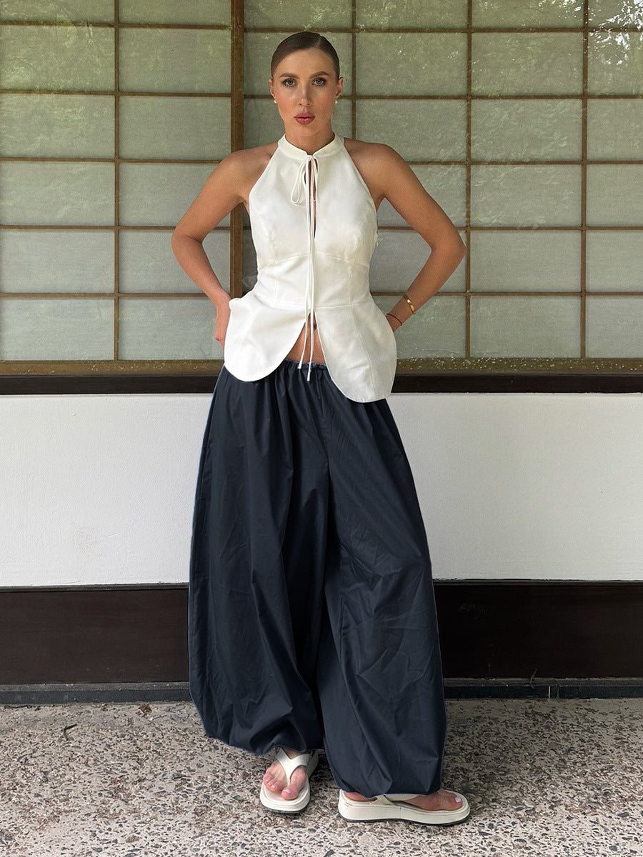 Cotton Balloon Lantern Pants in Navy — front view on model