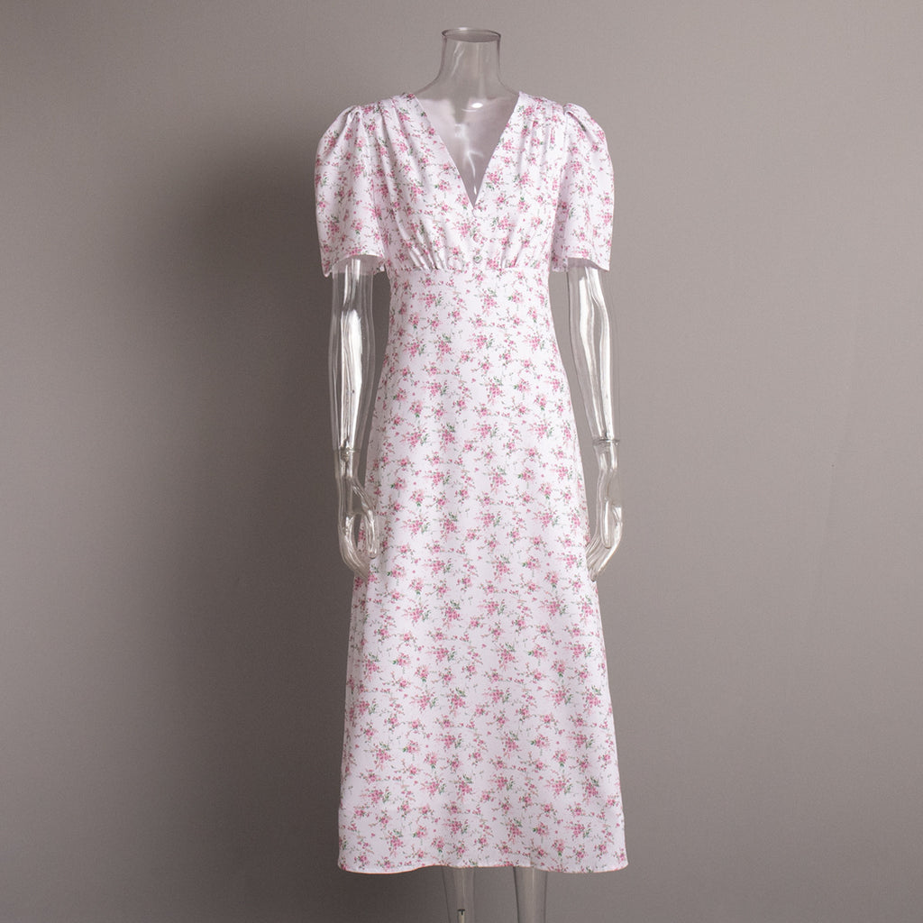 Floral Puff-Sleeve V-Neck Maxi Dress in White Floral — front view on mannequin