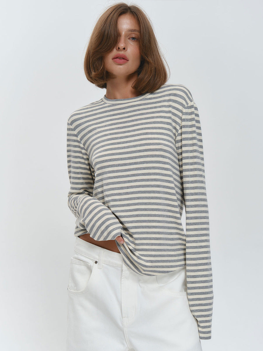 Striped Cotton Crew Neck Long Sleeve Tee in Gray Stripe — front view on model