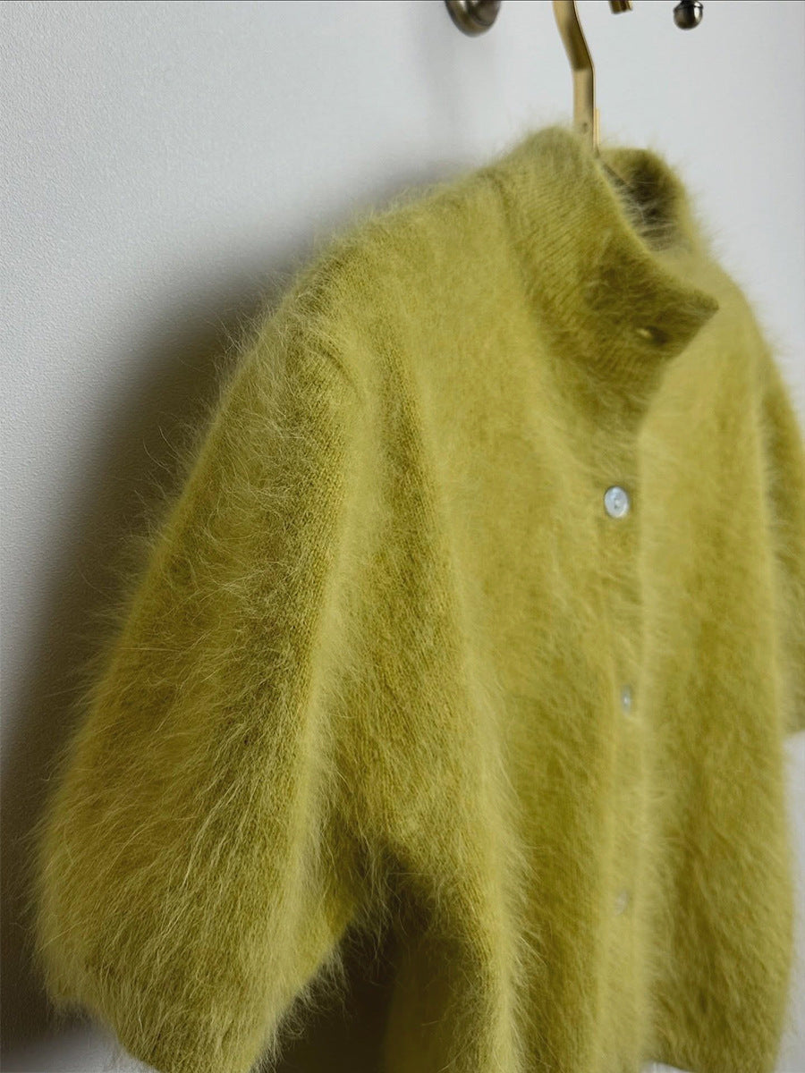Fuzzy Knit Short Sleeve Cardigan with Mock Neck in Chartreuse — front view