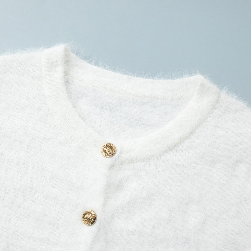Fuzzy Knit Button Cardigan & Maxi Skirt Set in Winter White — close-up of the neckline and buttons