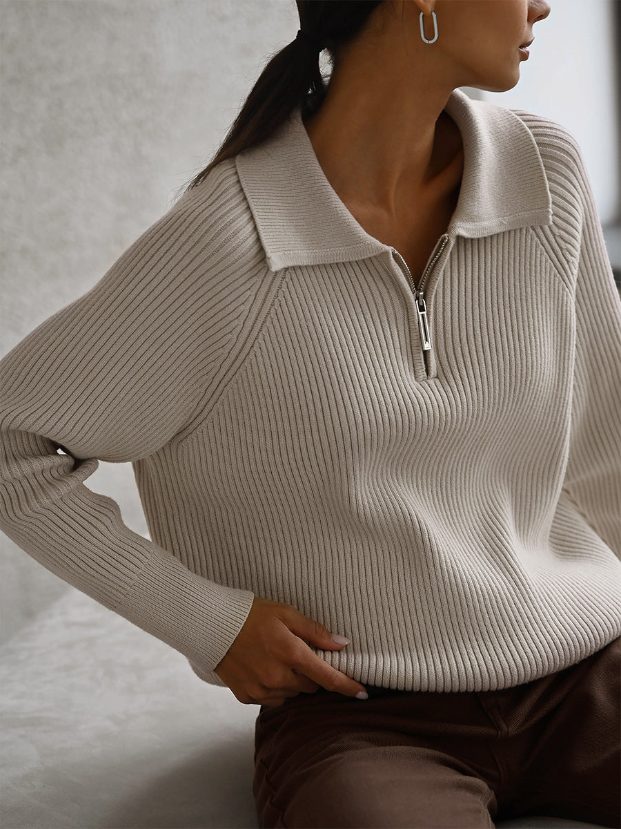 Quarter-Zip Polo Collar Ribbed Sweater in Oatmeal — front view on model
