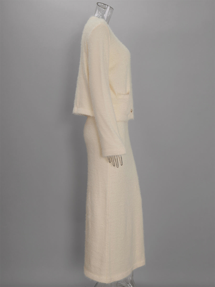 Fuzzy Knit Button Cardigan & Maxi Skirt Set in Cream — set on mannequin, side view