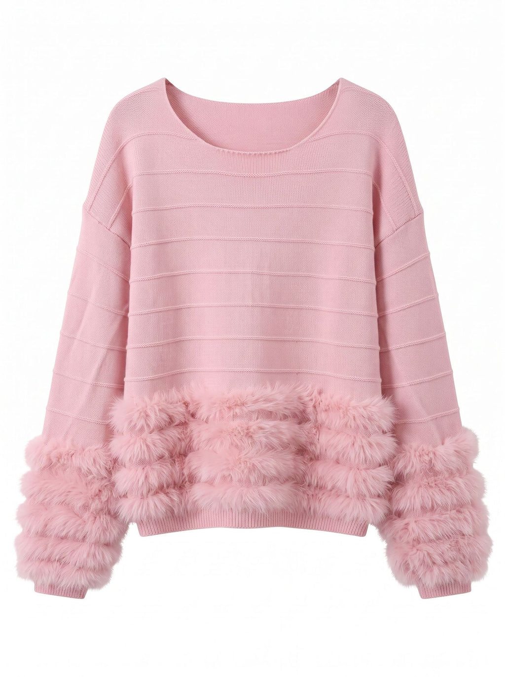 Fringe Trim Ribbed Crewneck Sweater in Ivory — front view on form