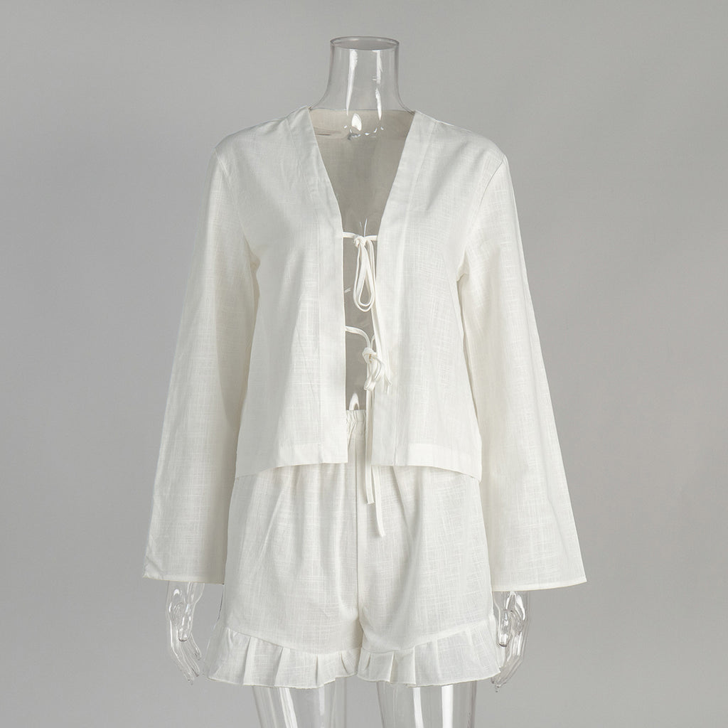 Cotton Tie-Front Top & Ruffle Shorts Set in White — set front view on mannequin