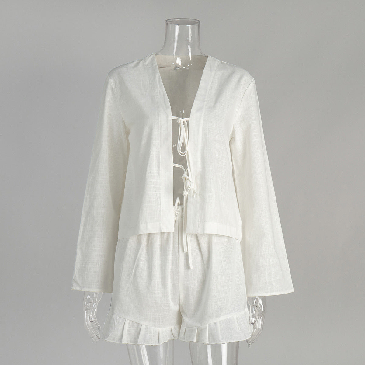 Cotton Tie-Front Top & Ruffle Shorts Set in White — set front view on mannequin