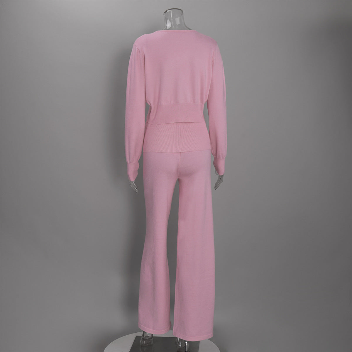 Cropped Button Cardigan & Fold-Over Waist Wide-Leg Knit Pants Set in Blush Pink — set back view