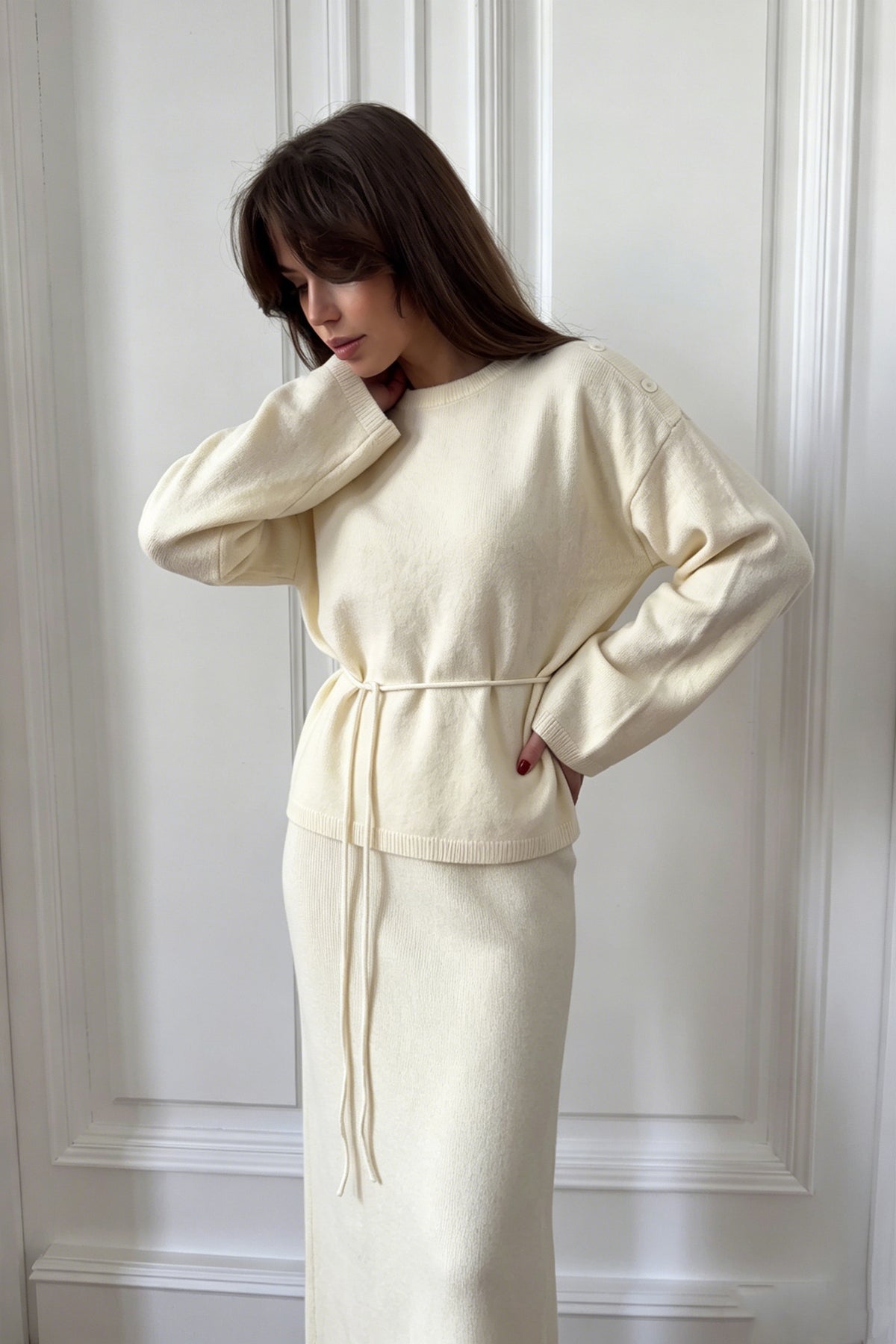 Relaxed Knit Sweater & Maxi Skirt Set with Tie Belt in Ivory — front view on model