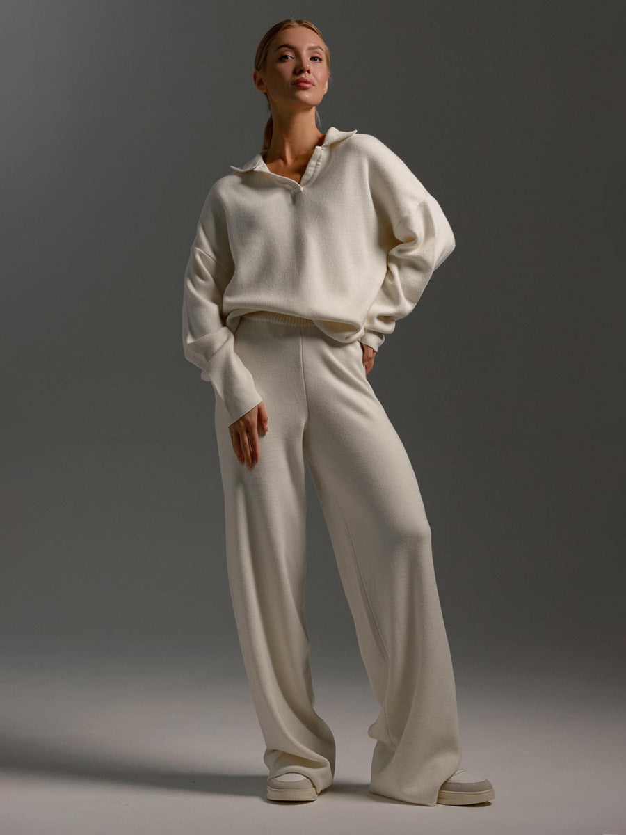 Polo Collar Knit Sweater & Wide-Leg Pants Set in Ivory — on model